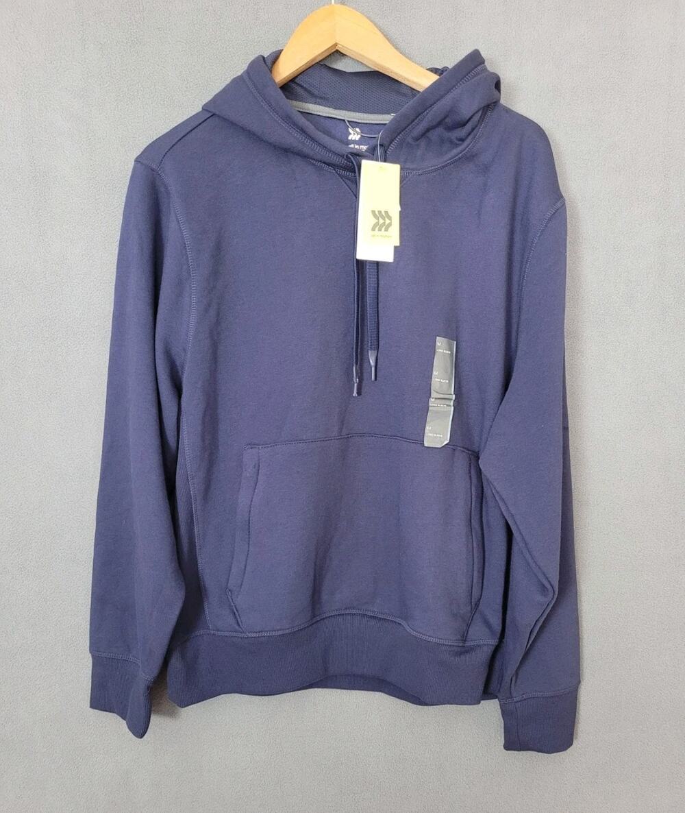 All in Motion Mens Navy Blue Cotton Fleece Hoodie Zipper Pouch Size Medium
